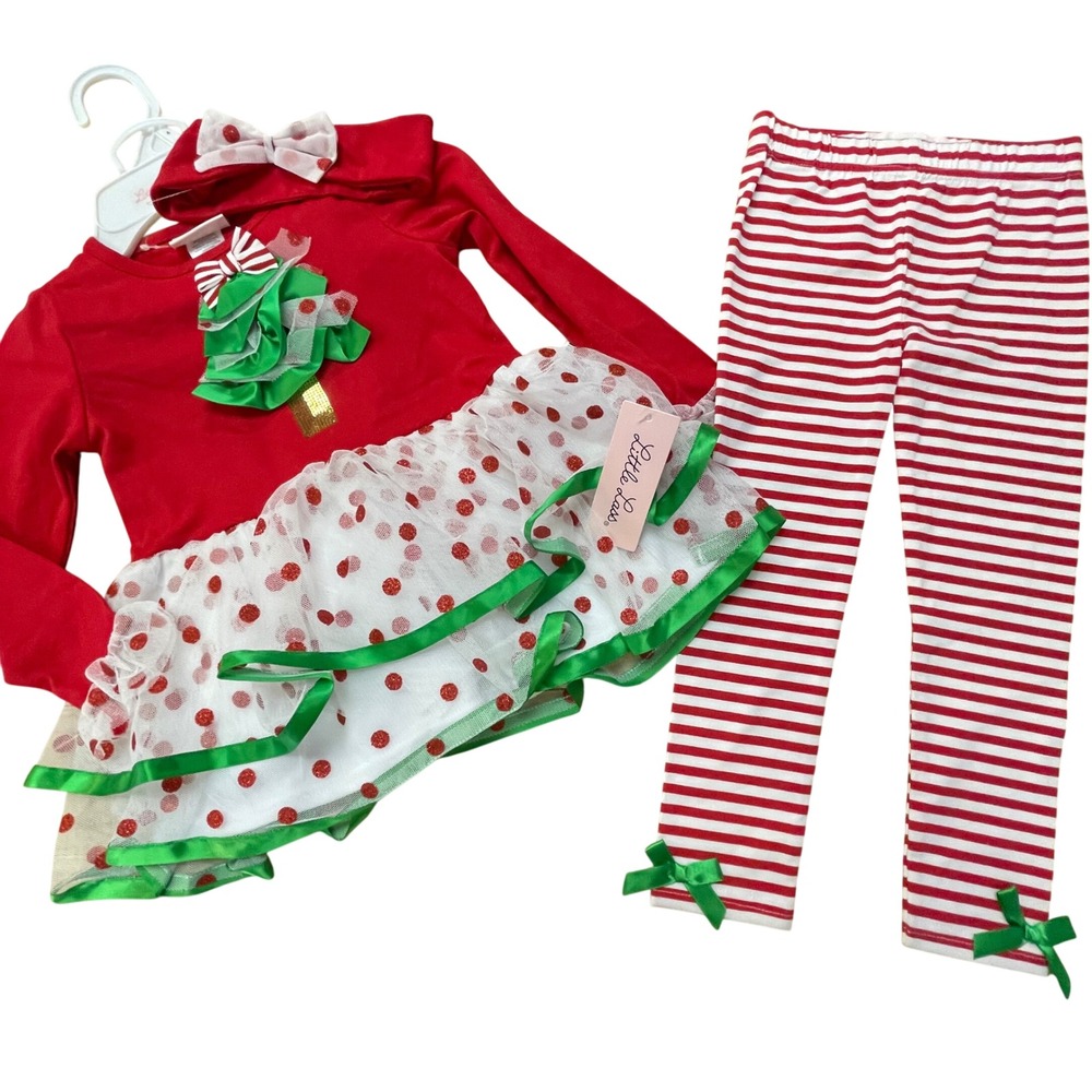 Little Lass Girls Red Christmas Tree Tunic Dress & Striped Leggings Set Size 4